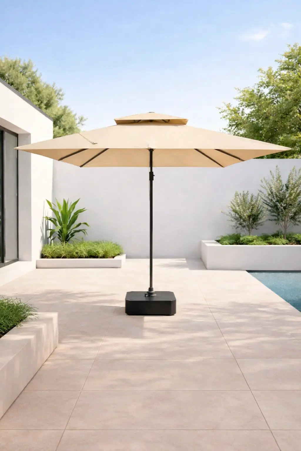 ეზოს ქოლგა 3მx3მ სიმაღლის რეგულირებით და სადგამით - კრემისფერი