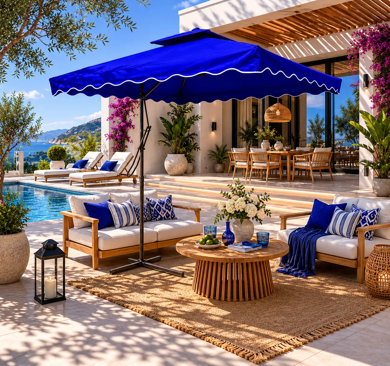 Patio Umbrella 2.5m x 3.5m with Adjustable Height and Base – Blue